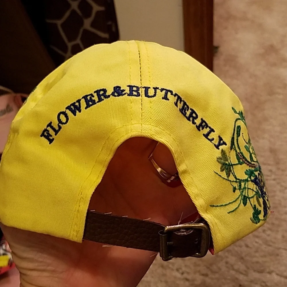 Flower & Butterfly Yellow Sequin Cap Adjustable NWT
